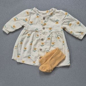 Floral Rabbit + Bear Button-Up Baby Casual Dress with Socks 3-6M